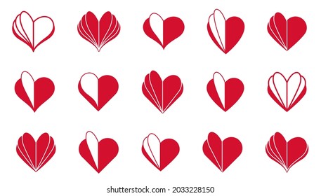 Hearts open like a book or brochure with spread pages vector logos or icons set, love letter or literature novel about romantic story concept, diary.