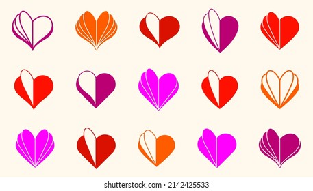 Hearts open like a book or brochure with spread pages vector logos or icons set, love letter or literature novel about romantic story concept, diary.