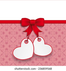 Hearts with ornaments and red ribbon on the pink background. Eps 10 vector file.