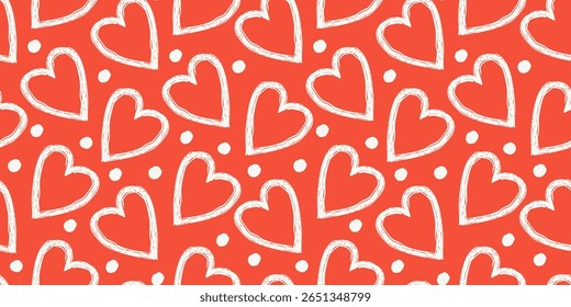 Hearts outline seamless pattern. Hearts line art, sketch. Love red and white background. Valentine's day, mother's day, wedding, birthday texture, wallpaper.