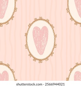 Hearts in oval vintage frame seamless pattern. Valentines day coquette stripes repeat background. Love symbols endless backdrop. Surface pattern design romantic motif. Vector hand drawn illustration.