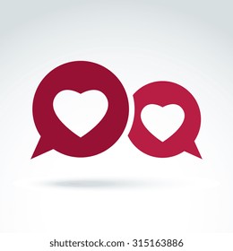 Hearts over the speech bubbles romantic conversation icon. Vector conceptual stylish symbol for your design.