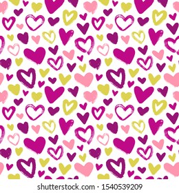  Hearts painted brush strokes. Seamless vector pattern with hearts.