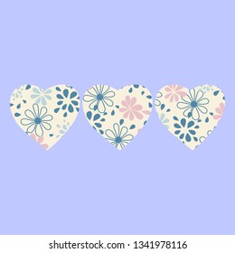 Hearts painted with flowers. Decor for greeting cards, posters, invitations and more, vector illustration