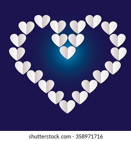 Hearts paper card - vector illustration. Happy Valentines Day illustration with paper heart shapes on dark blue gradient background, can be use as flyer, banner or poster.