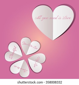 Hearts paper concept card - vector illustration. Happy Valentines Day celebration greeting card with stylish paper hearts shape on pink background. All you need is Love text message