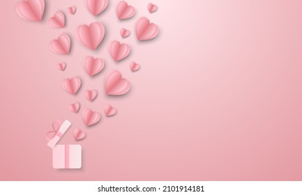 hearts paper cut flying gift box on pink background. happy valentine's day. love in shape postcard. vector illustration in origami craft style. copy space for text input.