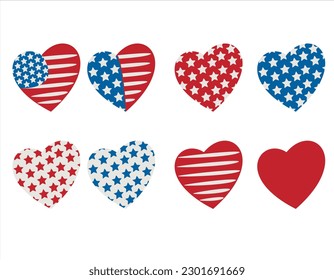 Hearts in Patriotoic Colors. 4th of July Patriotic Concept. Independence Day design element