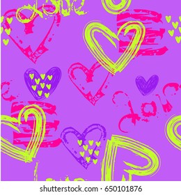 hearts pattern. Abstract repeated backdrop on white background with pink love elements. Funny childish wallpaper. Romantic chaotic wrapping paper in neon colors. Valentines day