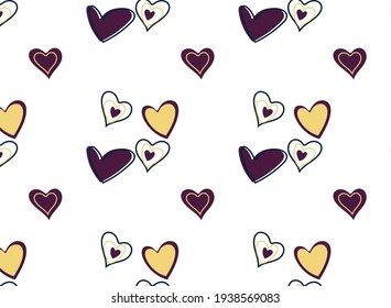 Hearts pattern, hearts arranged in groups. Four different vector heart designs with navy blue, yellow and purple colors.