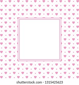 Hearts pattern background with frame in the shape of square for text. Valentine's day and Mother's day greeting card - pink, red colors. Banner, invitation or label