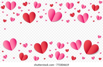 Hearts pattern background for Valentines Day or wedding romance and Save the Date greeting card or invitation template. Vector paper Valentines love pink red birthday hearts on transparent background