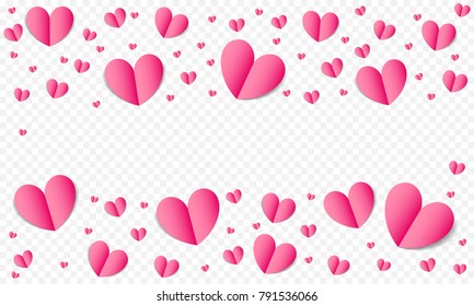 Hearts pattern background for Valentines Day, Save the Date wedding greeting card or invitation design template. Vector paper Valentines love pink red hearts isolated on transparent background