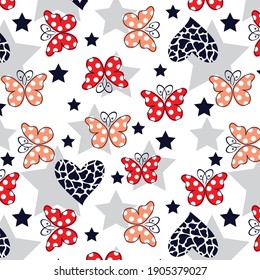 Hearts pattern with Butterflies and stars for textile print