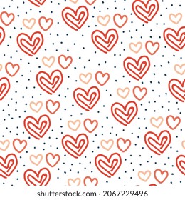 patrón de corazones dibujado a mano. Patrón perfecto con corazones. Impresión romántica infinita. Ilustración vectorial.