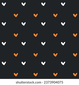 Hearts pattern for hallooween in orange and white color on black background. Happy halloween paper, fabric for kids. Vector