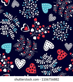 Hearts pattern With Leaves on dark blue background for textile pattern,fashion print, fabric print