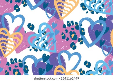 Hearts pattern with leopard skin print in tender blue, pink, yellow colors. Romantic print for valentines day wrapping paper. Love ornament with hearts grunge.
