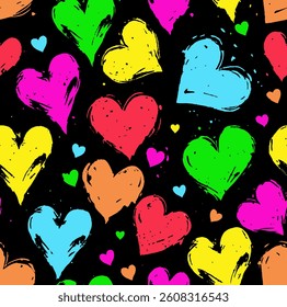 Hearts pattern. Pattern of multicolored hearts on a black background in grunge style. Drawn with brush strokes, splashes, blots.