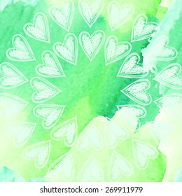 Hearts pattern on a watercolor background, vector illustration