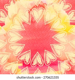 Hearts pattern on a watercolor background, vector illustration