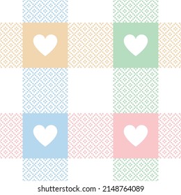 Hearts pattern in pastel pink, blue, green, yellow, white for Valentines Day. Abstract geometric tartan buffalo check plaid vector for tablecloth, picnic blanket, other spring summer holiday design.