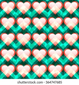 Hearts pattern pink color on a green zigzag print. Funny invitation print with hearts and stripes. Vector background