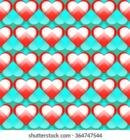 Hearts pattern red color on a blue geometric print. Funny vector invitation print with hearts and stripes.