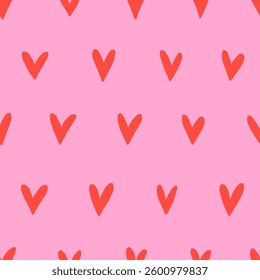 Hearts pattern, seamless background. Repeating romantic simple print. Cute doodle valentine texture. Repeatable love motif for fabric, textile, wallpaper, wrapping paper. Flat vector illustration