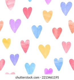 Hearts pattern. Seamless colorful print with watercolor hearts. Vector love illustration.