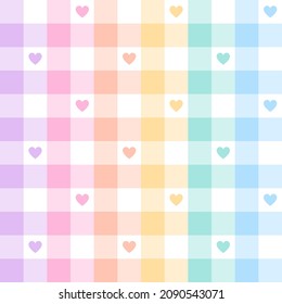 Hearts pattern for Valentine Day in pastel colorful lilac purple, pink, orange, yellow, blue, green, white. Seamless colorful geometric gingham tartan check plaid vector for spring summer gift paper.