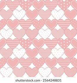 Hearts Pattern. Valentine's Day Abstract Seamless Background. Pink and White Hearts with Different Patterns. Happy Valentines Day Print. Vector illustration in Pink and White