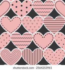 Hearts Pattern. Valentine's Day Abstract Seamless Background. Pink Hearts with Different Patterns. Happy Valentines Day Print. Vector illustration in Pink, White, Black