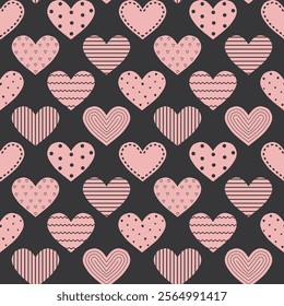 Hearts Pattern. Valentine's Day Abstract Seamless Background. Pink Hearts with Different Patterns. Happy Valentines Day Print. Vector illustration in Pink, Black