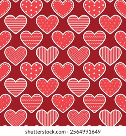 Hearts Pattern. Valentine's Day Abstract Seamless Background. Red Hearts with Different Patterns. Happy Valentines Day Print. Vector illustration in Red, White on Dark Red Background.