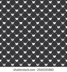 Hearts Pattern. Valentine's Day Abstract Seamless Background. White Hearts with Different Patterns. Happy Valentines Day Print. Vector illustration in White, Black