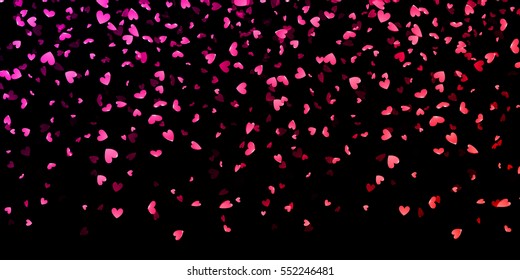 Hearts pattern for Valentines day. Pink hearts petals falling on black background for Saint Valentine Day greeting card design. Flower petal in shape of heart confetti