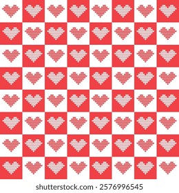 Hearts Pattern. Valentine's Day Seamless Background. Red Knitted Hearts. Checkered Print. Happy Valentines Day Pattern. Vector illustration in Red, White.