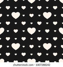 Hearts pattern. Vector seamless texture with different sized heart shapes. Subtle abstract geometric black and white ornament. Valentines day background. Love romantic theme. Dark monochrome design
