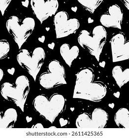Hearts pattern. Pattern with white hearts on a black background in grunge style. Drawn with brush strokes, splashes, blots.