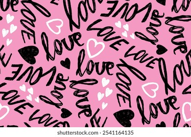 Hearts pattern with  words LOVE. Romantic print for valentines day wrapping paper. Romantic calligraphic ornament with hearts on pink background. Typography print