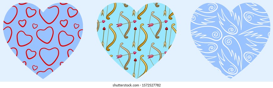 Hearts with patterns for Valentine's Day. Blue background.