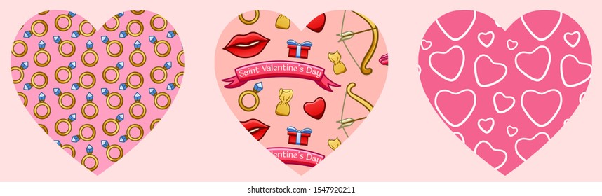 Hearts with patterns for Valentine's Day on pink background