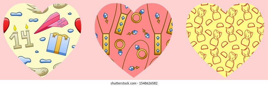 Hearts with patterns for Valentine's Day on pink background