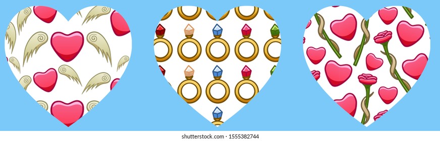 Hearts with patterns for Valentine's Day on blue background