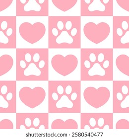 Hearts and paw prints in cute and minimalistic style on checkered background Vector seamless pattern