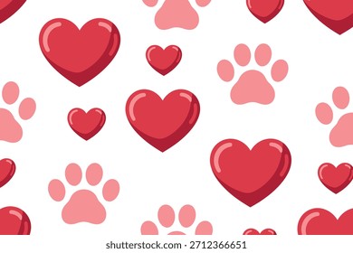 Corazones y patas imprimen el patrón sin fisuras para los amantes de los animales y San Valentín