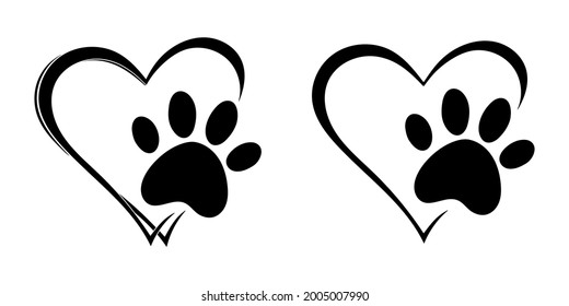 Hearts with the paws of dogs and cats. Paws prints dog. Love dogs. Animal love symbol paw print with heart. Line vector illustration.  Isolated on white background.