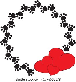 Hearts and Paws seamless repeat pattern wreath, Red and black on white background.  Tile, wallpaper, surface, fabric pattern design