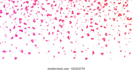 Hearts petals falling on white background for Saint Valentine Day greeting card design. Flower pink petals in shape of heart confetti